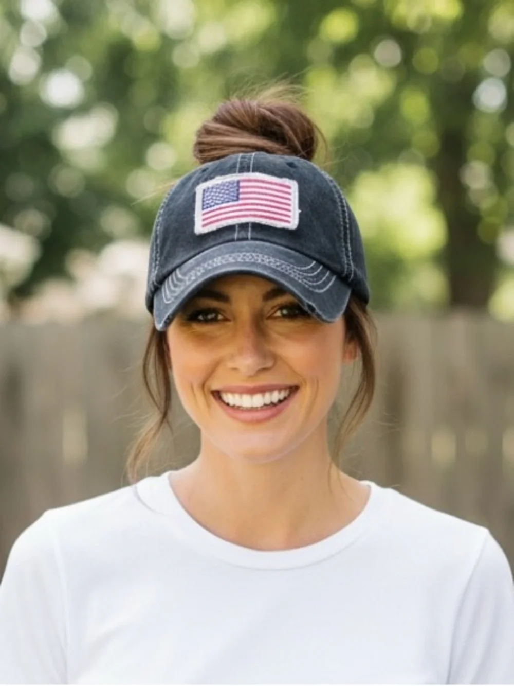 American Flag Distressed Black Ponytail Baseball-Cap